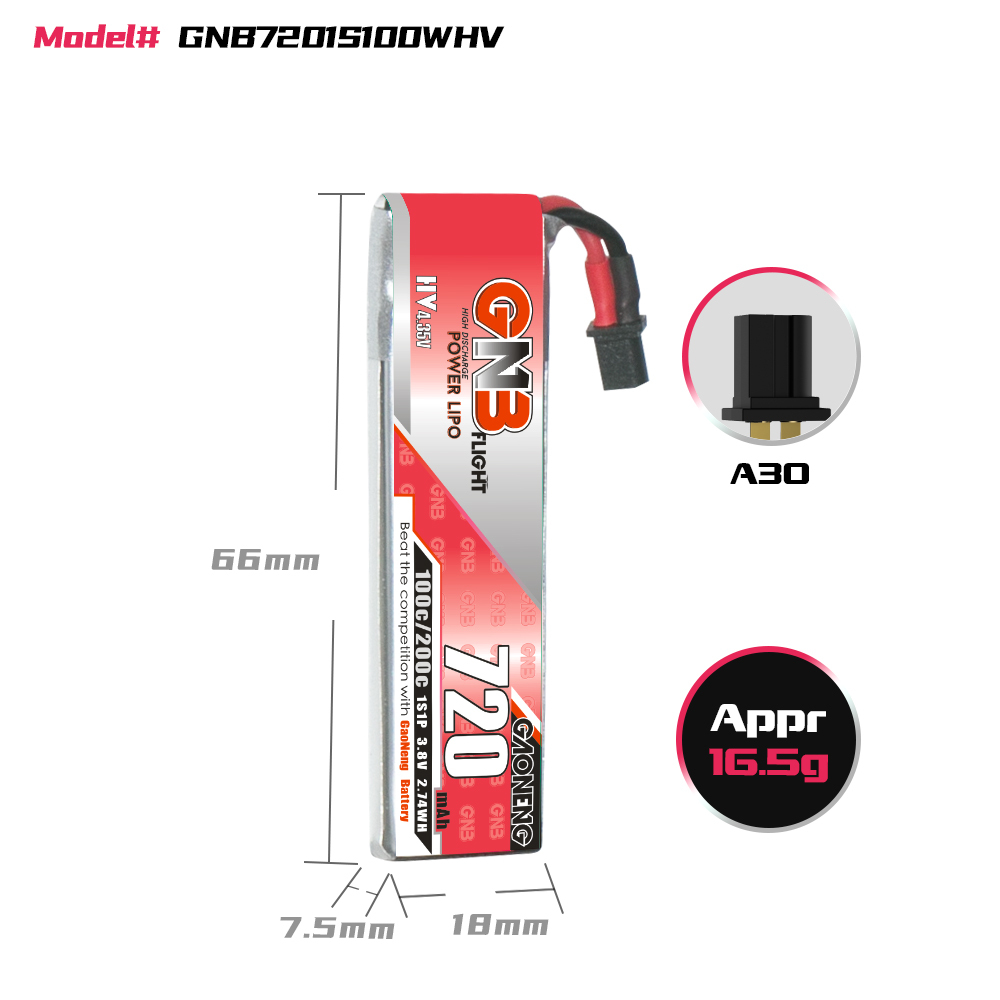 GAONENG GNB LiHV 1S 3.8V 720mAh 100C A30 Cabled LiPo Battery