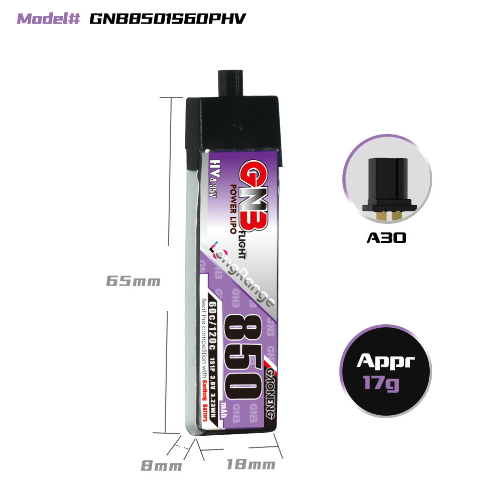 GAONENG GNB LiHV 1S 3.8V 850mAh 60C A30 Plastic Head LiPo Battery Long Range