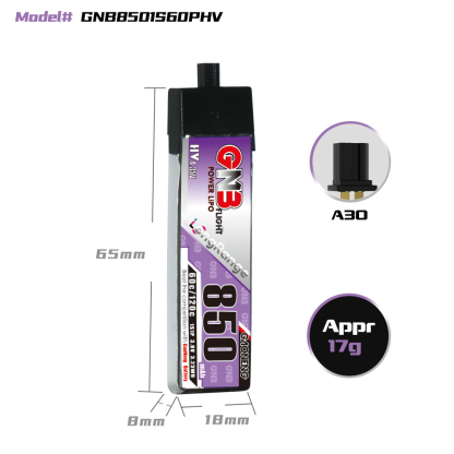 GAONENG GNB LiHV 1S 3.8V 850mAh 60C A30 Plastic Head LiPo Battery Long Range