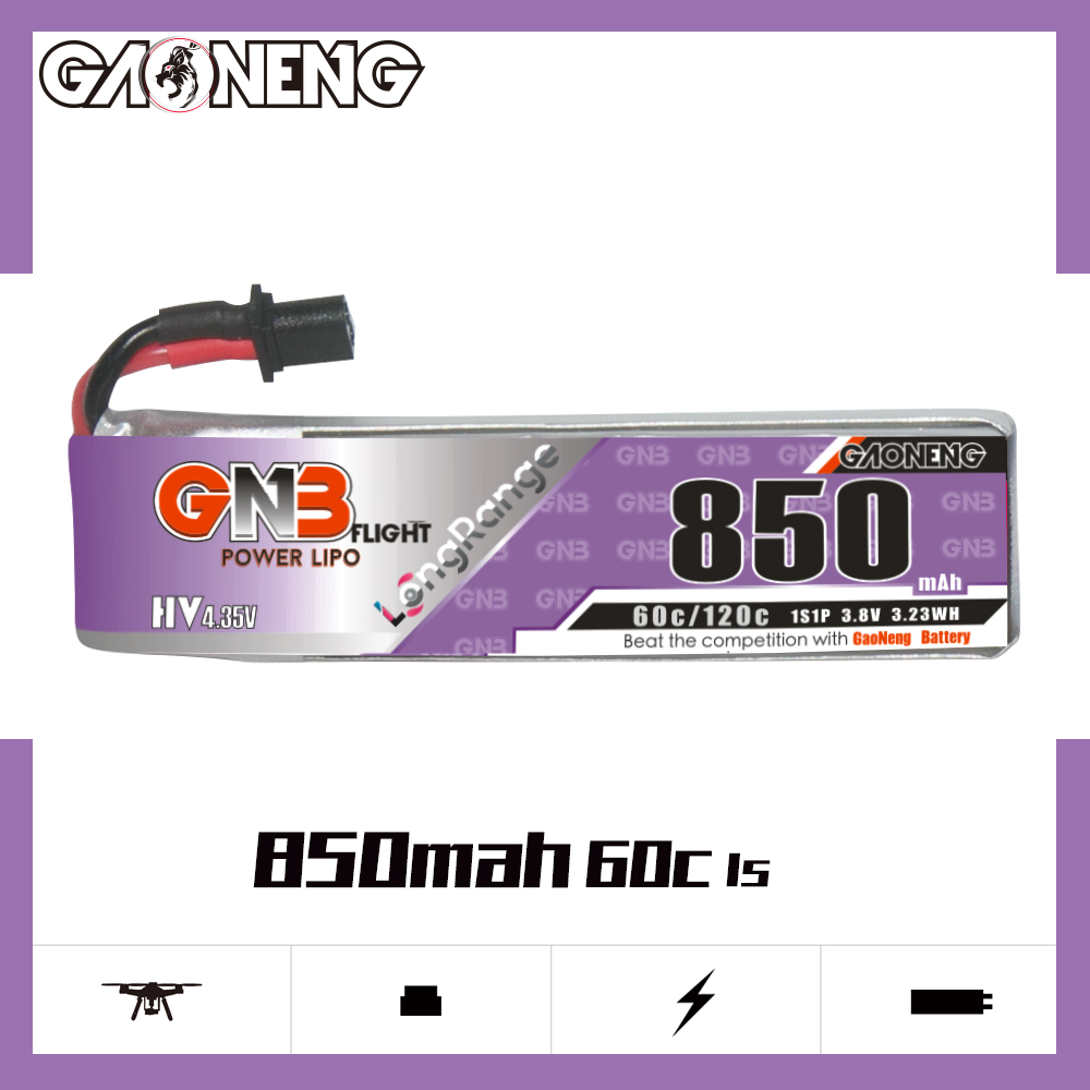 GAONENG GNB LiHV 1S 3.8V 850mAh 60C A30 Cabled LiPo Battery Long Range