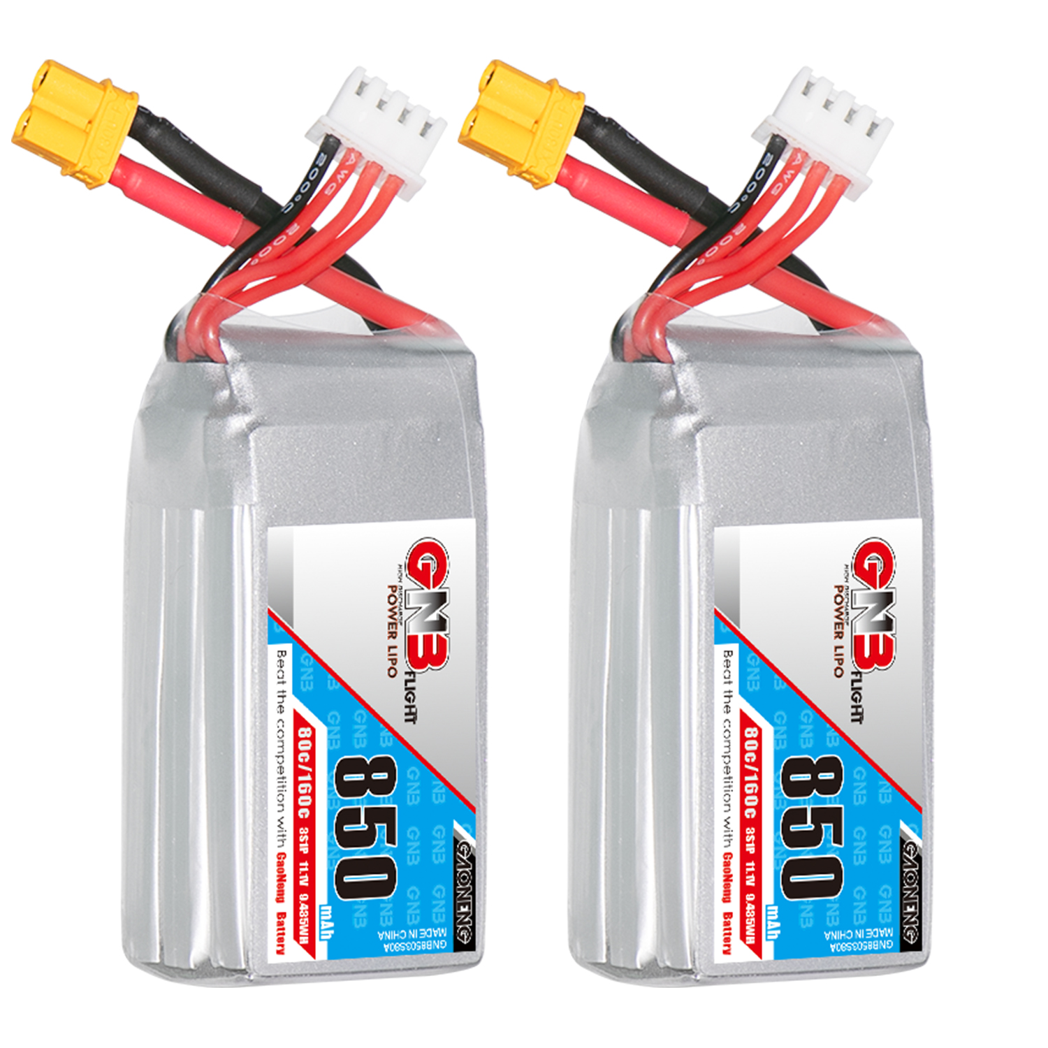 2PCS - GAONENG GNB 3S 11.1V 850mAh 80C XT30 LiPo Battery