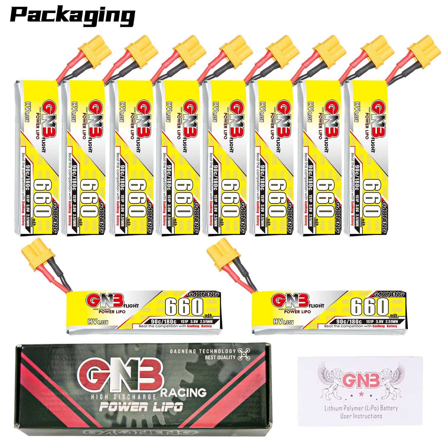 GAONENG GNB LiHV 1S 3.8V 660mAh 90C XT30 Cabled LiPo Battery