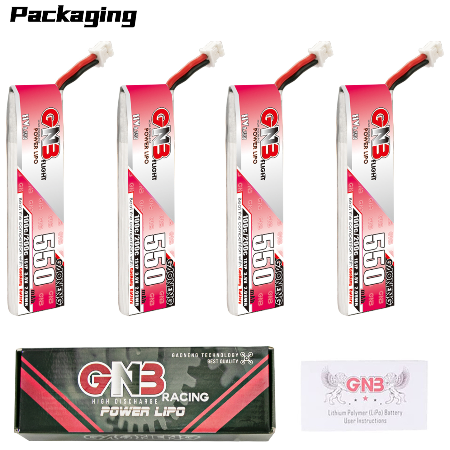 4PCS - GAONENG GNB LiHV 1S 3.8V 550mAh 100C PH2.0 Cabled LiPo Battery