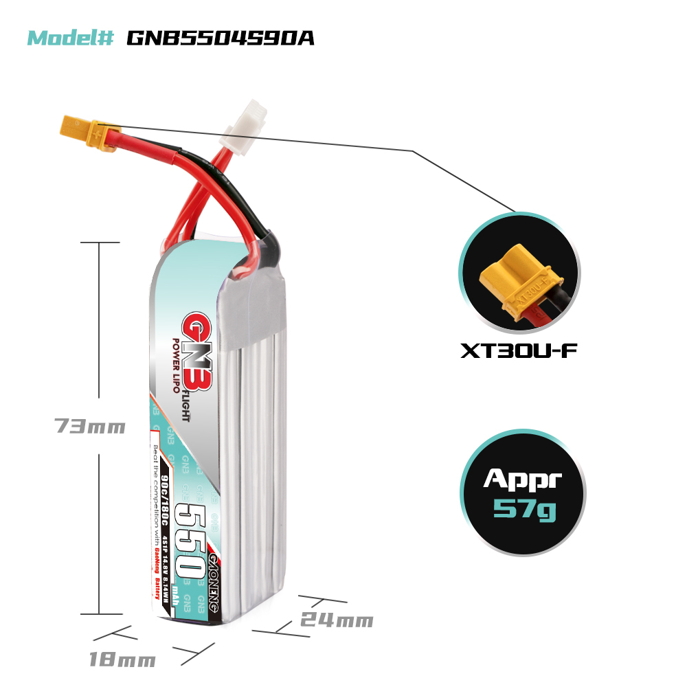 2PCS - GAONENG GNB 4S 14.8V 550mAh 90C XT30 LiPo Battery Long Type