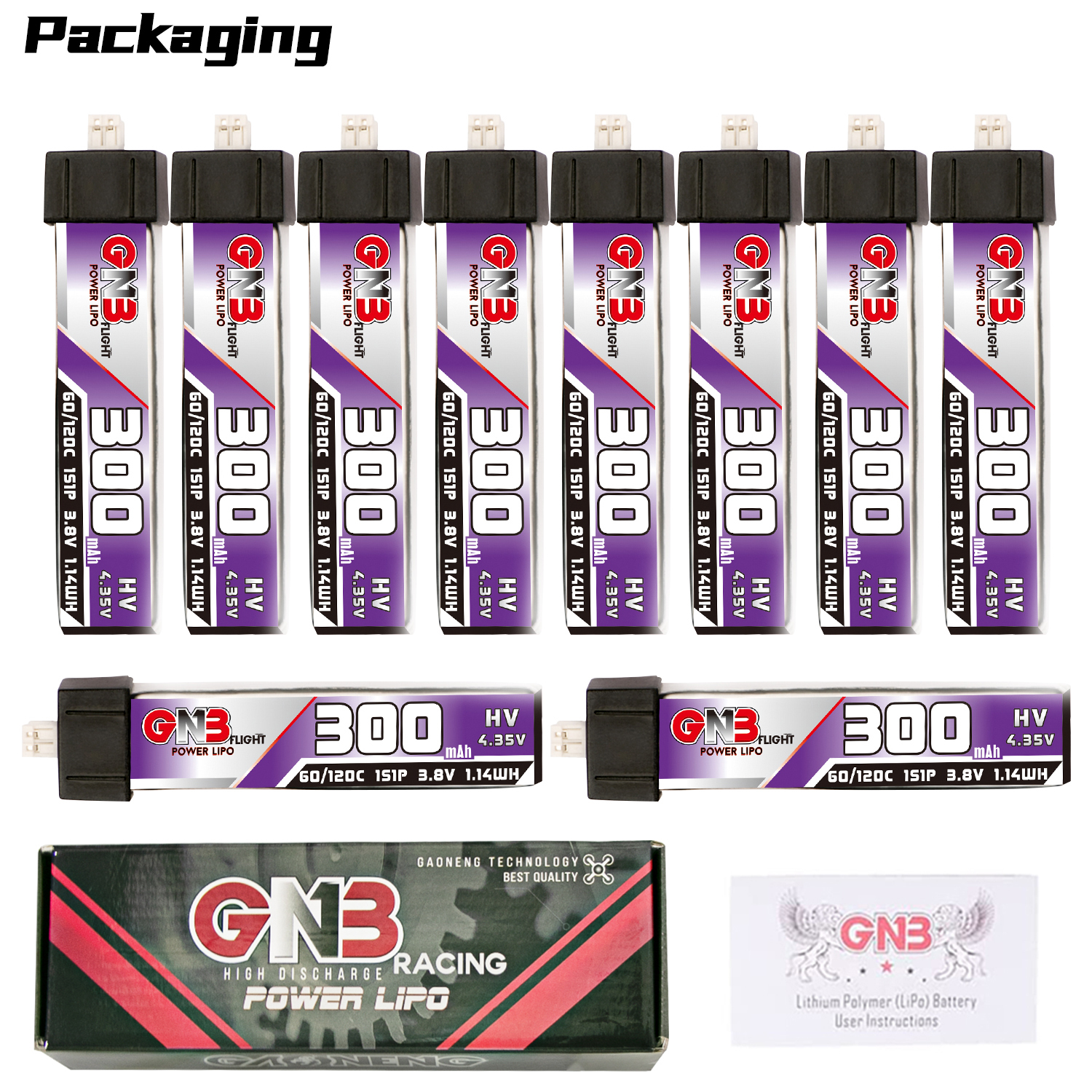 GAONENG GNB LiHV 1S 3.8V 300mAh 60C Molex1.25 Plastic Head LiPo Battery