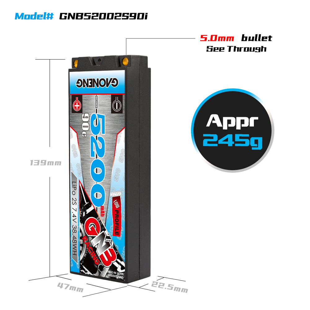 1PCS - GAONENG GNB 2S 7.4V 5200mAh 90C 5mm Bullet Hard Case LiPo Battery T-Plug