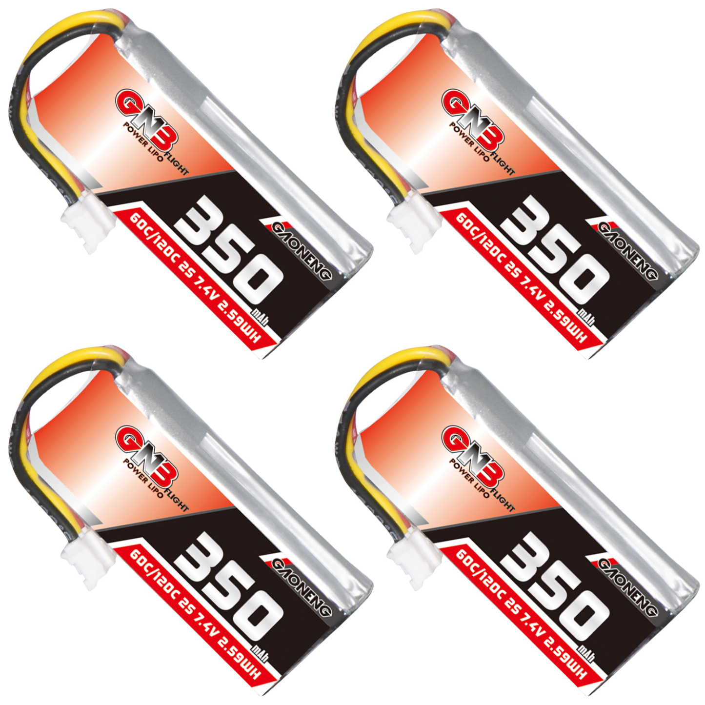 4PCS - GAONENG GNB 2S 7.4V 350mAh 60C LiPo Battery PH2.0 3Pin Connector