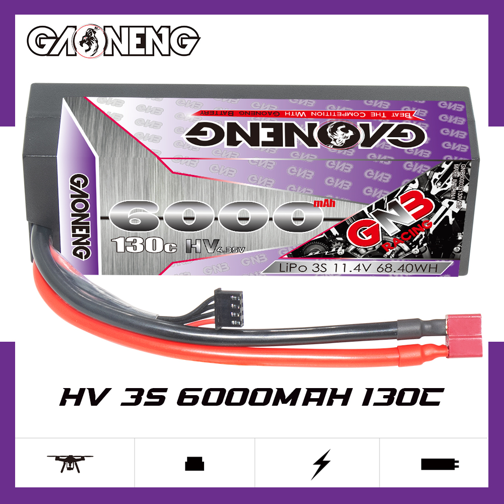 GAONENG GNB LiHV 3S 11.4V 6000mAh 130C Cabled Hard Case LiPo Battery T-PLUG