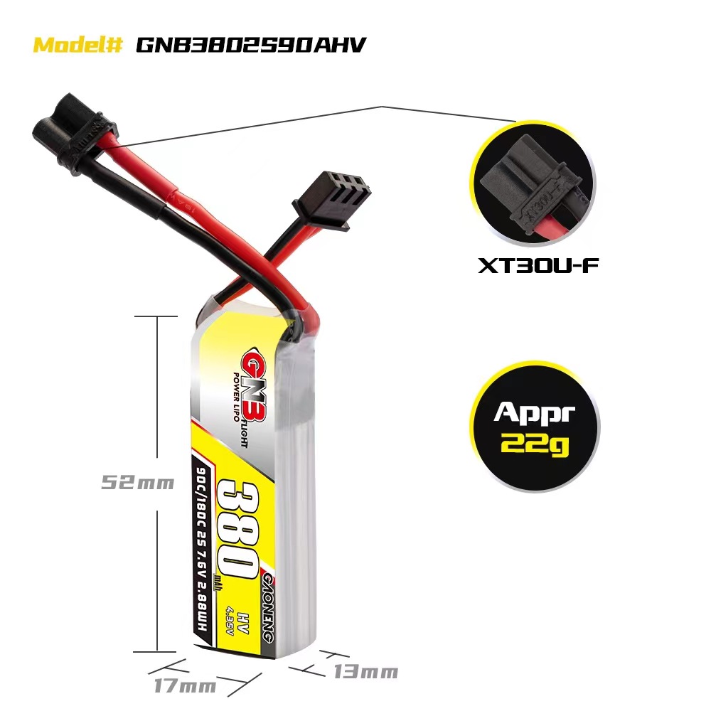 4PCS - GAONENG GNB LiHV 2S 7.6V 380mAh 90C XT30 LiPo Battery