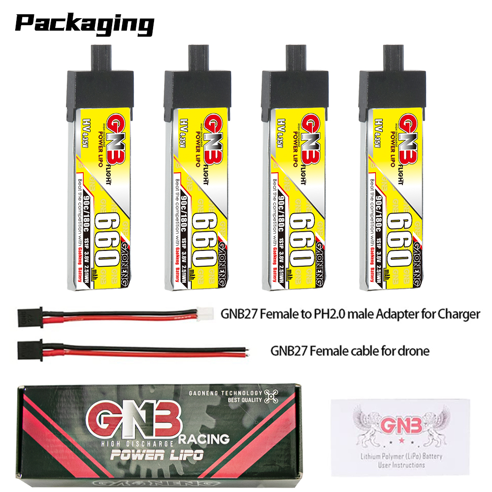 4PCS - GAONENG GNB LiHV 1S 3.8V 660mAh 90C GNB27 With Plastic Head LiPo Battery