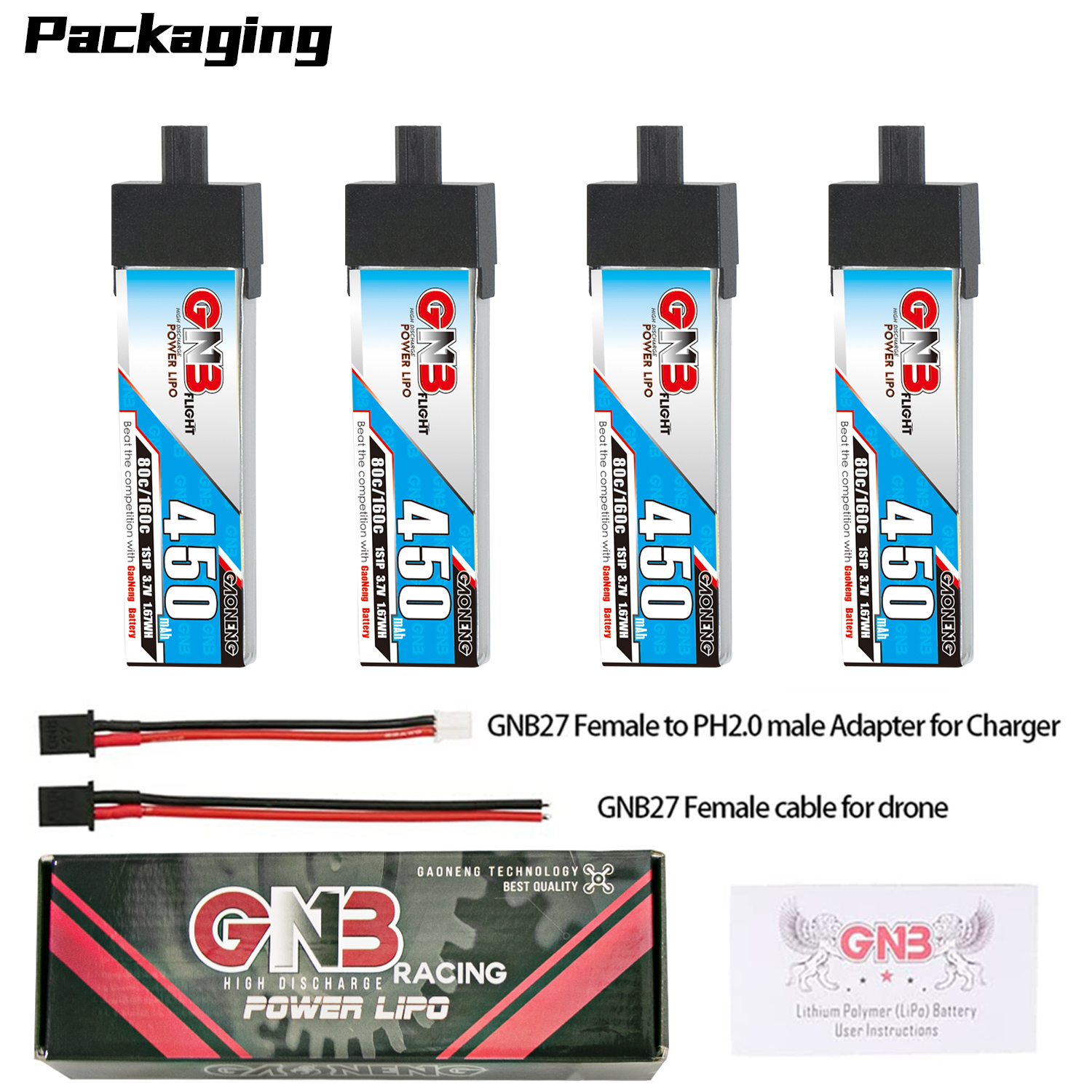 GAONENG GNB 1S 3.7V 450mAh 80C GNB27 Plastic Head LiPo Battery Long Type