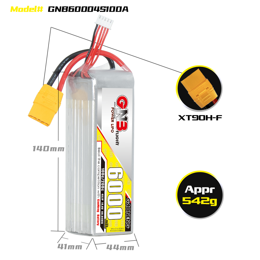 1PCS - GAONENG GNB 4S 14.8V 6000mAh 100C XT90 LiPo Battery