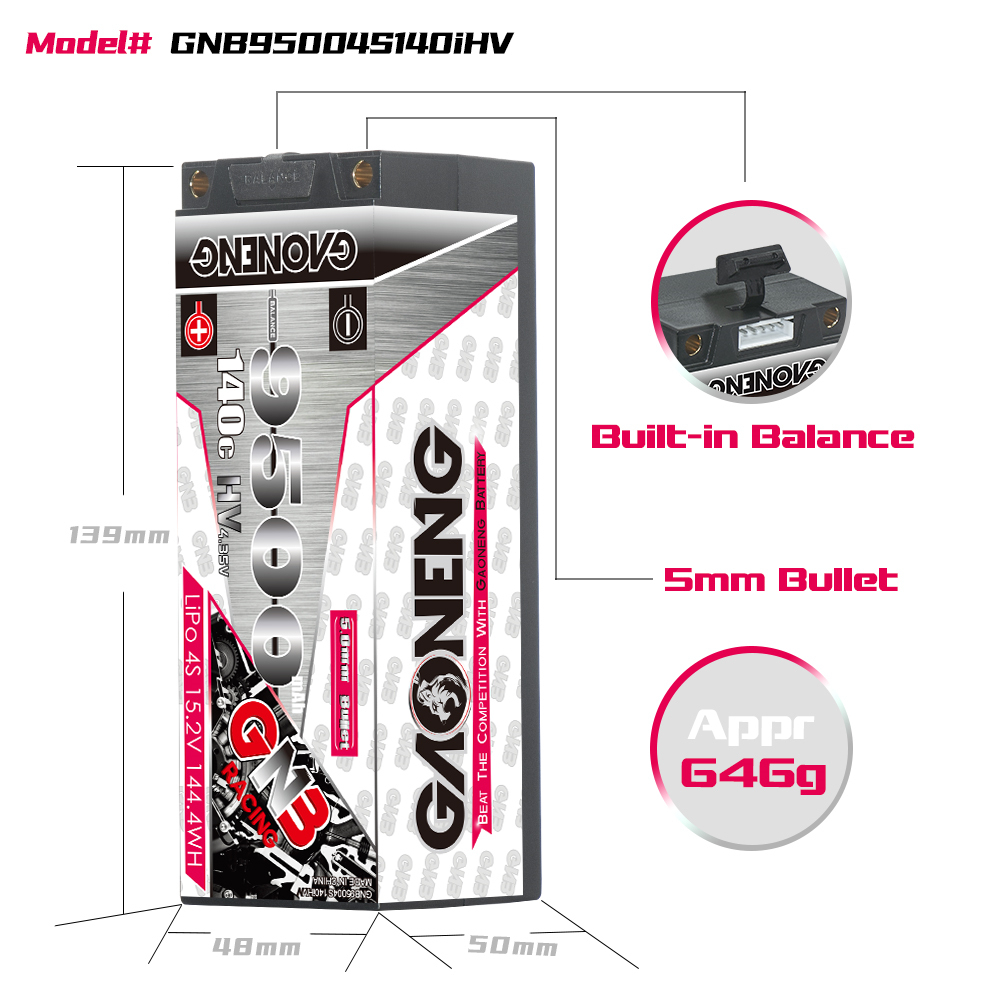 GAONENG GNB LiHV 4S 15.2V 9500mAh 140C 5mm Bullet Hard Case LiPo Battery