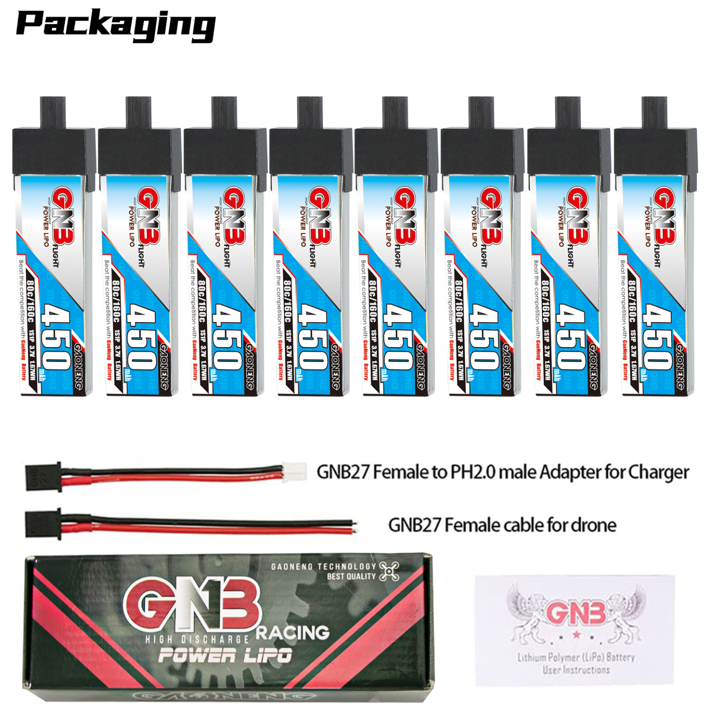 GAONENG GNB 1S 3.7V 450mAh 80C GNB27 Plastic Head LiPo Battery Long Type