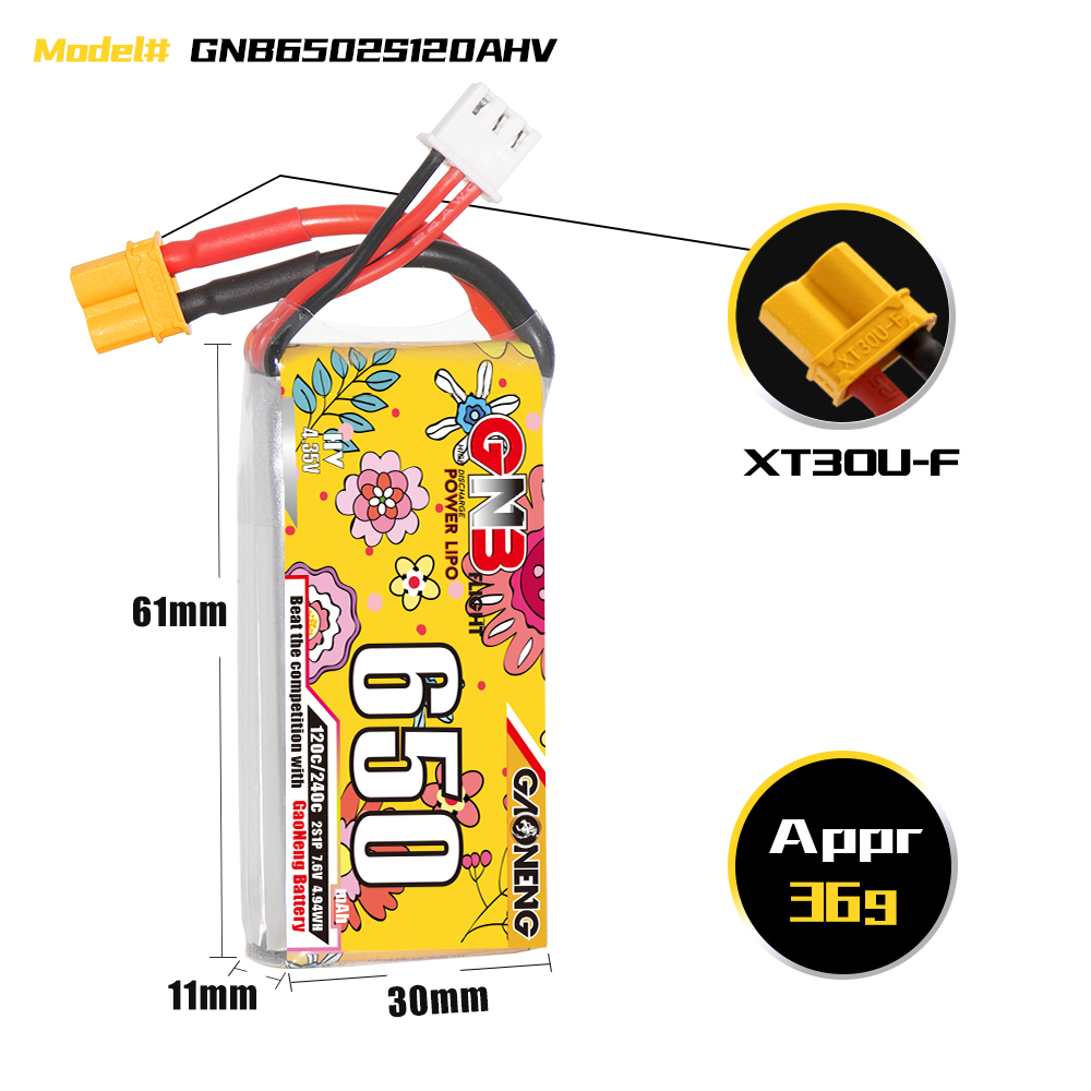 4PCS - GAONENG GNB LiHV 2S 7.6V 650mAh 120C XT30 LiPo Battery