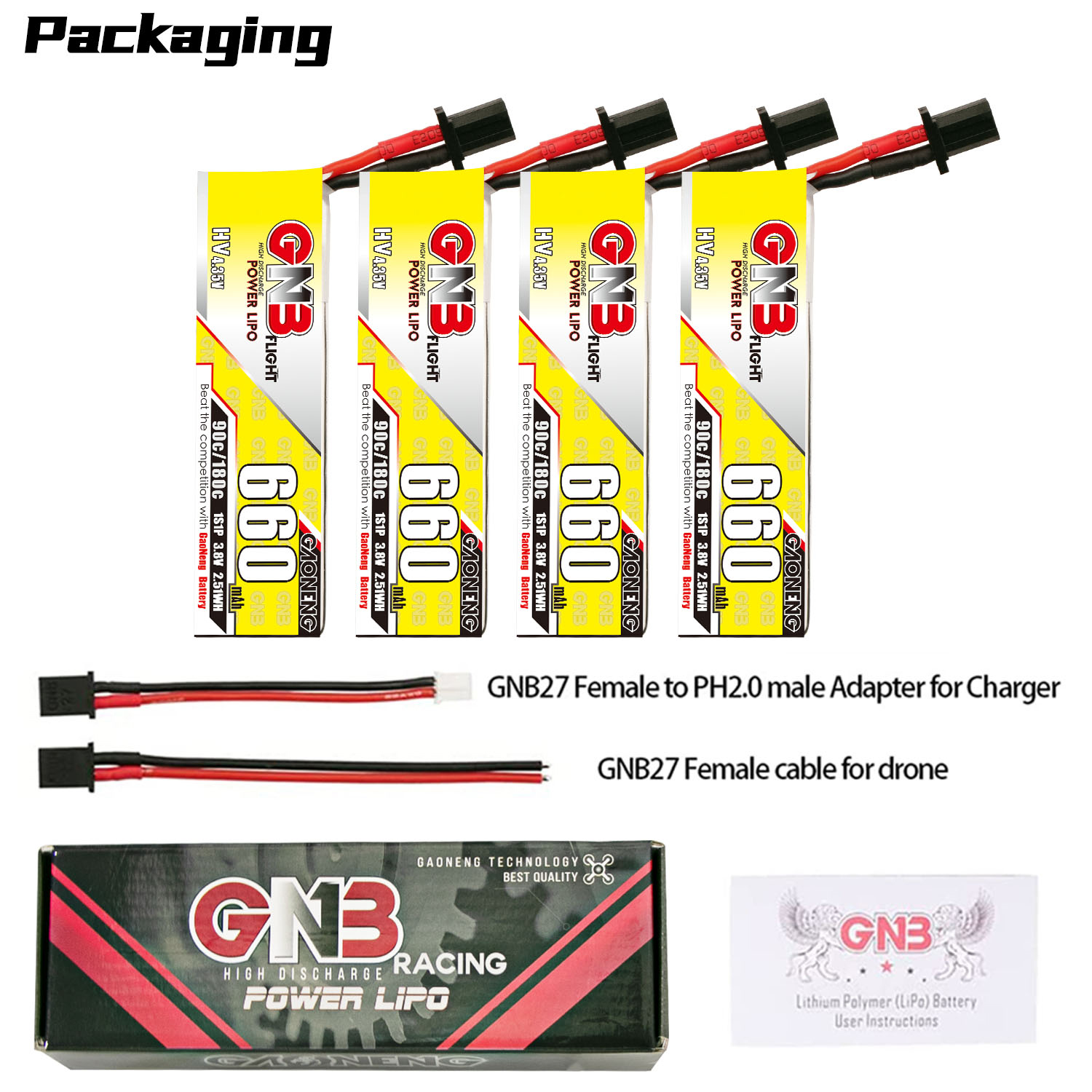 4PCS - GAONENG GNB LiHV 1S 3.8V 660mAh 90C GNB27 Cabled LiPo Battery