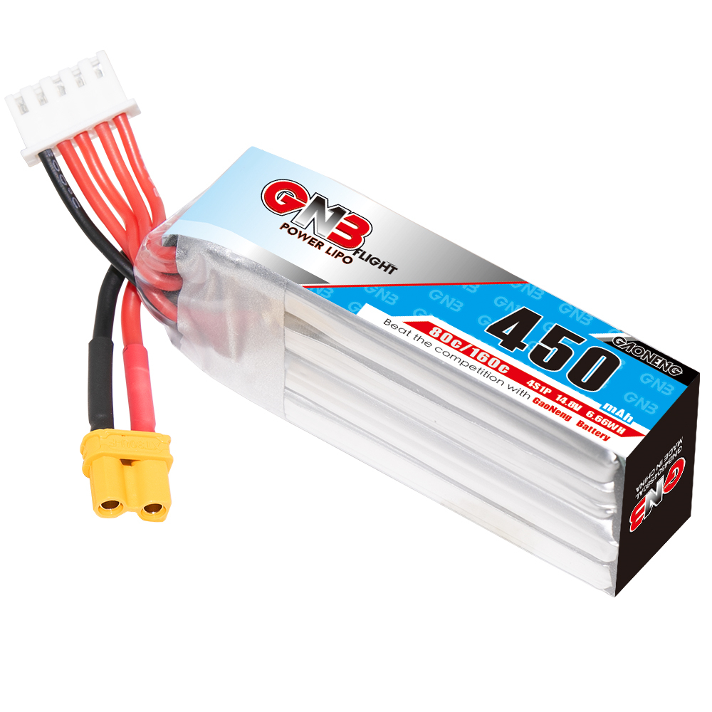 2PCS - GAONENG GNB 4S 14.8V 450mAh 80C XT30 LiPo Battery Long Type