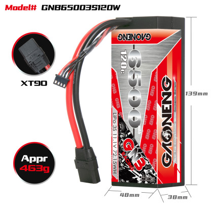 1PC - GAONENG GNB 3S 11.1V 6500mAh 120C Cabled Hard Case LiPo Battery XT90