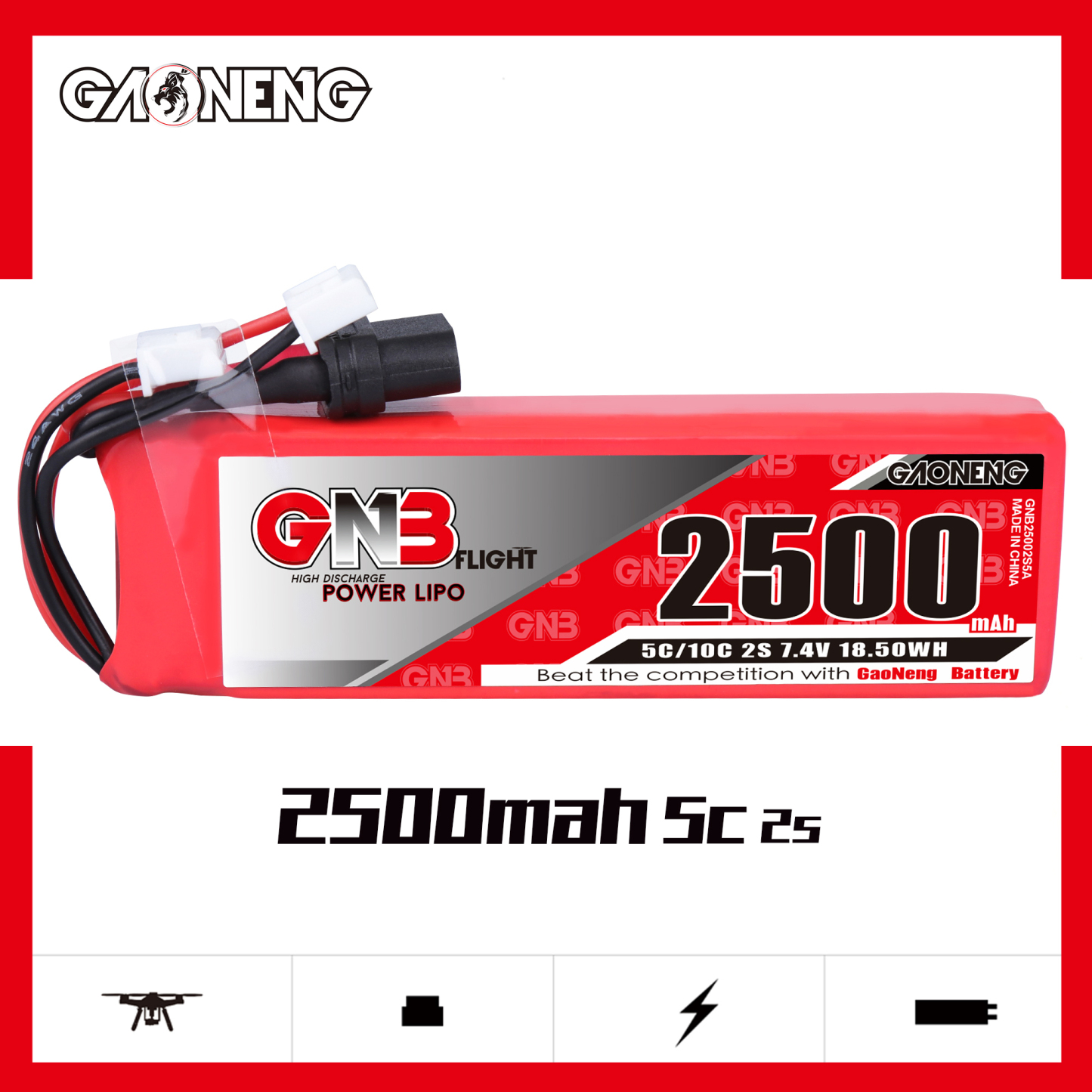 2PCS - GAONENG GNB 2S 7.4V 2500mAh 5C LiPo Battery for Frsky NEW 2019 X9D plus