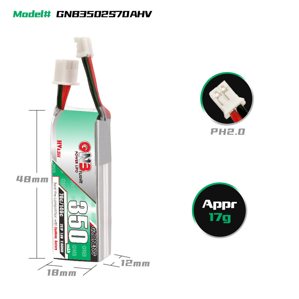 4PCS - GAONENG GNB LiHV 2S 7.6V 350mAh 70C LiPo Battery PH2.0