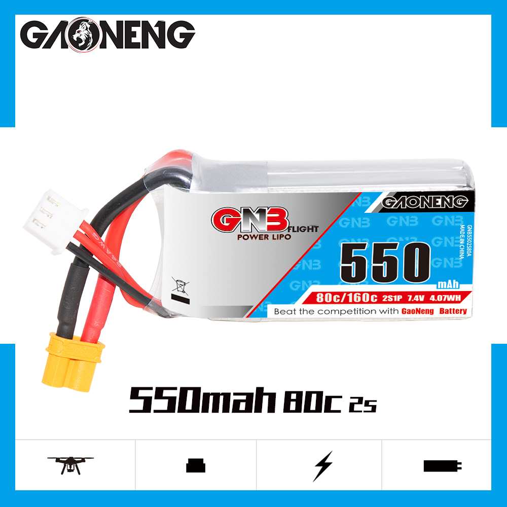 4PCS - GAONENG GNB 2S 7.4V 550mAh 80C XT30 LiPo Battery