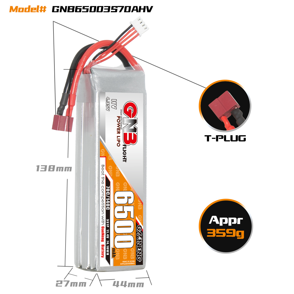 GAONENG GNB HV 3S 11.4V 6500mAh 70C LiPo Battery T-PLUG