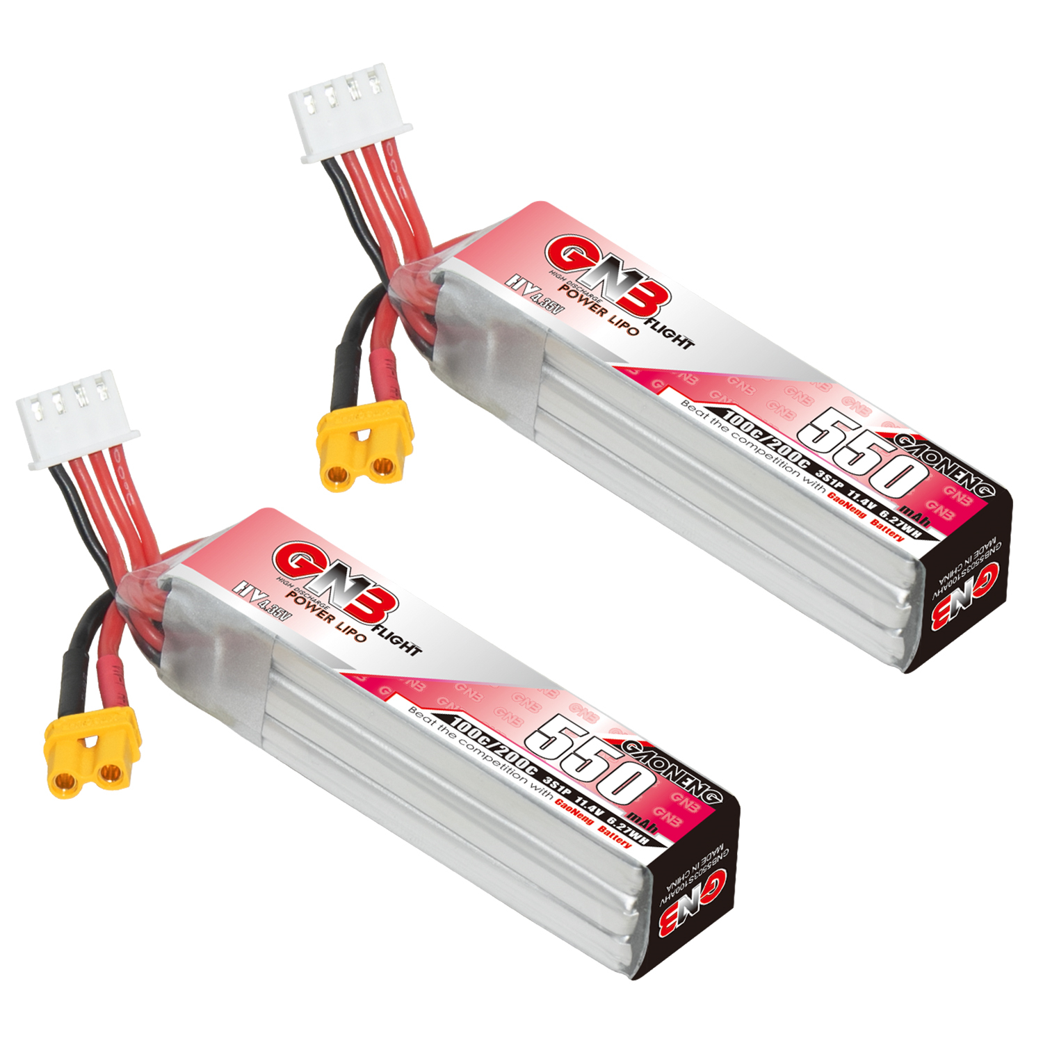 2PCS - GAONENG GNB LiHV 3S 11.4V 550mAh 100C XT30 LiPo Battery Long Type