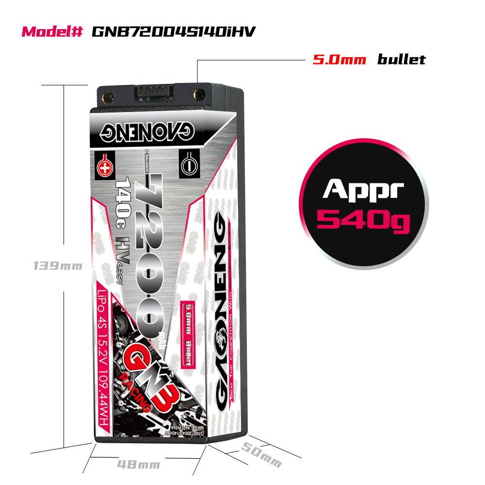 1PCS - GAONENG GNB LiHV 4S 15.2V 7200mAh 140C 5mm Bullet Hard Case LiPo Battery T-Plug