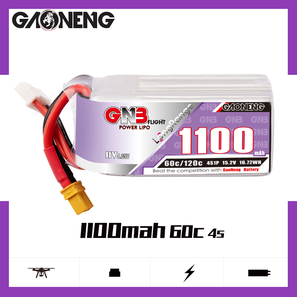 2PCS - GAONENG GNB LiHV 4S 15.2V 1100mAh 60C XT30 LiPo Battery LongRange