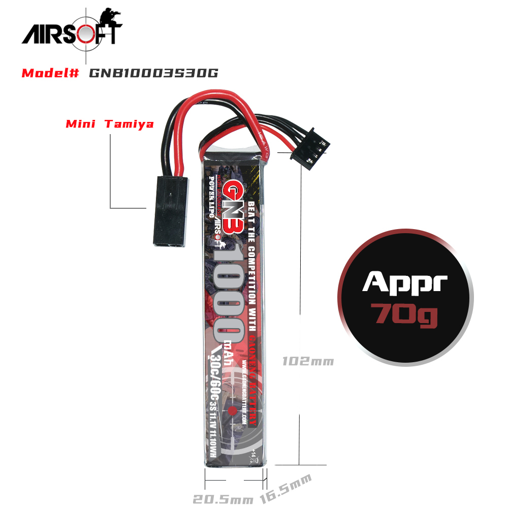 2PCS - GAONENG GNB 3S 11.1V 1000mAh 30C Mini Tamiya Plug LiPo Battery for AirSoft 