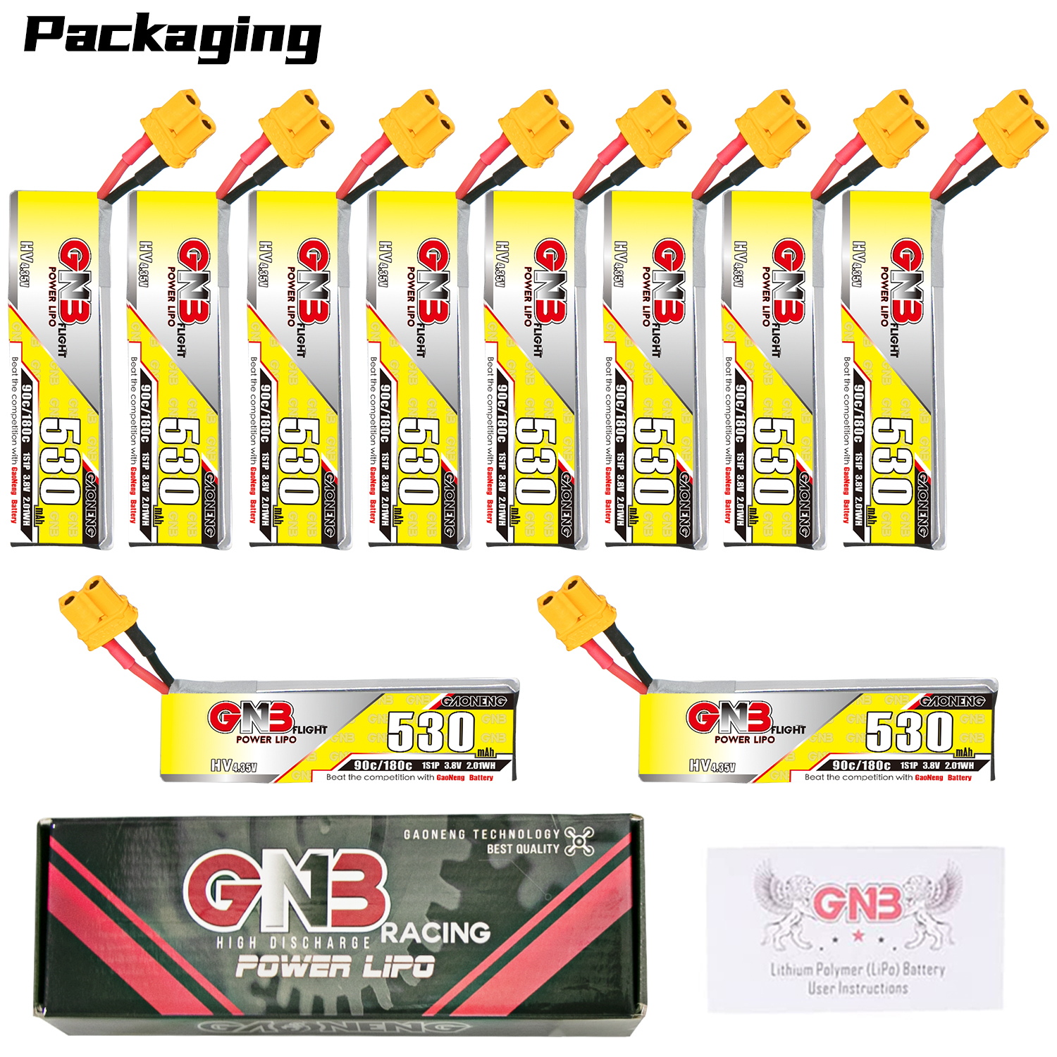 GAONENG GNB LiHV 1S 3.8V 530mAh 90C XT30 Cabled LiPo Battery