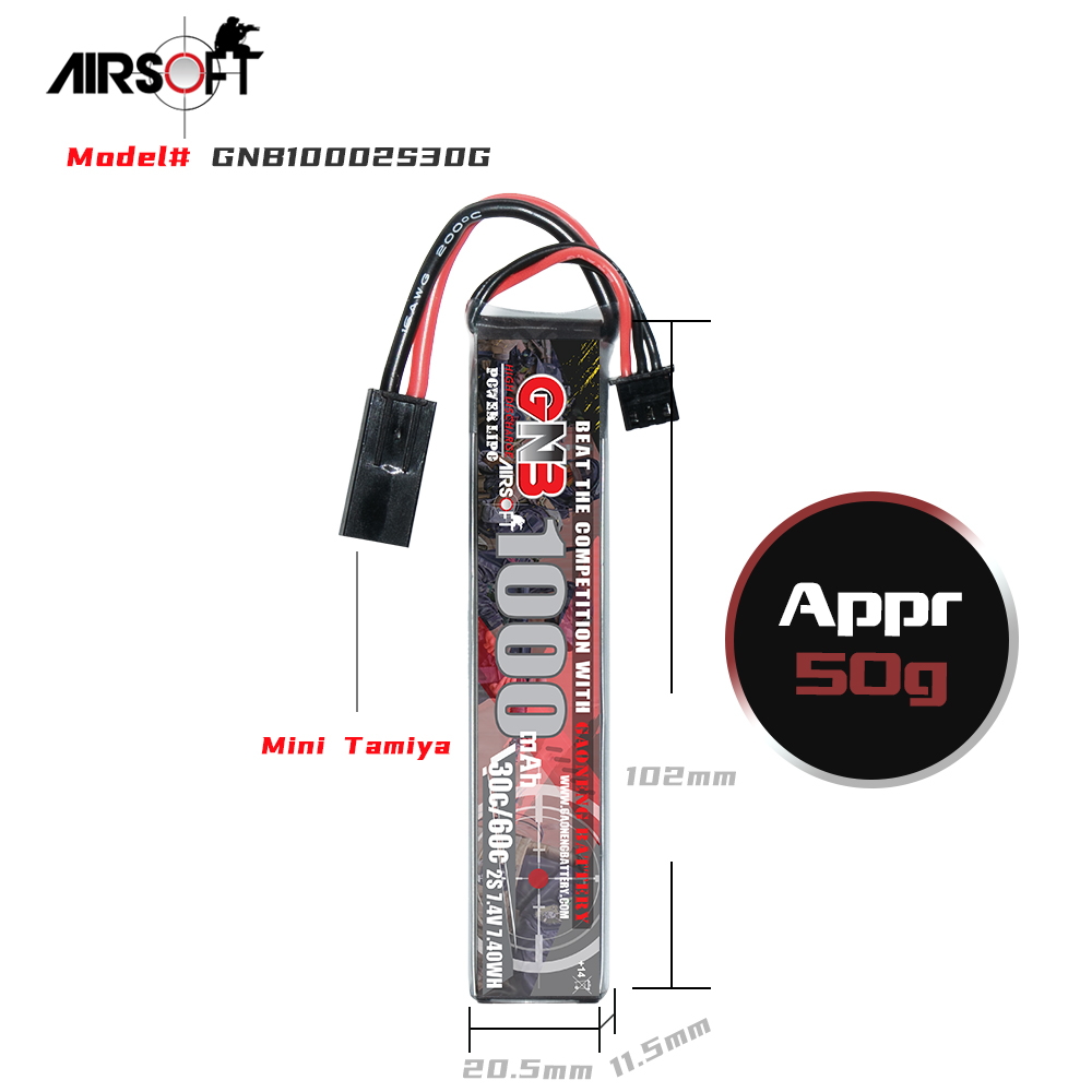 2PCS - GAONENG GNB 2S 7.4V 1000mAh 30C Mini Tamiya LiPo Battery for AirSoft