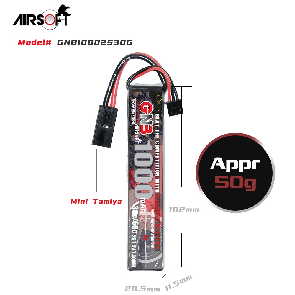 2PCS - GAONENG GNB 2S 7.4V 1000mAh 30C Mini Tamiya LiPo Battery for AirSoft