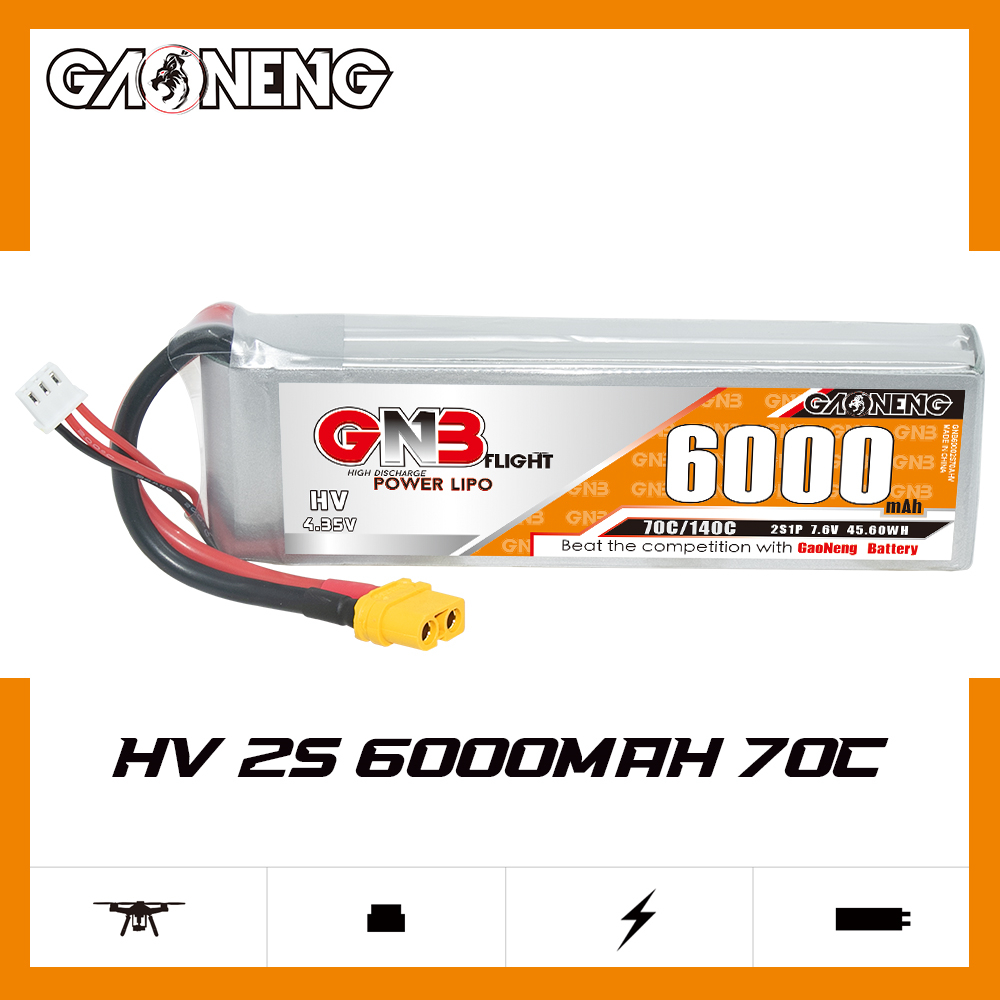 1PC - GAONENG GNB HV 2S 7.6V 6000mAh 70C LiPo Battery XT60