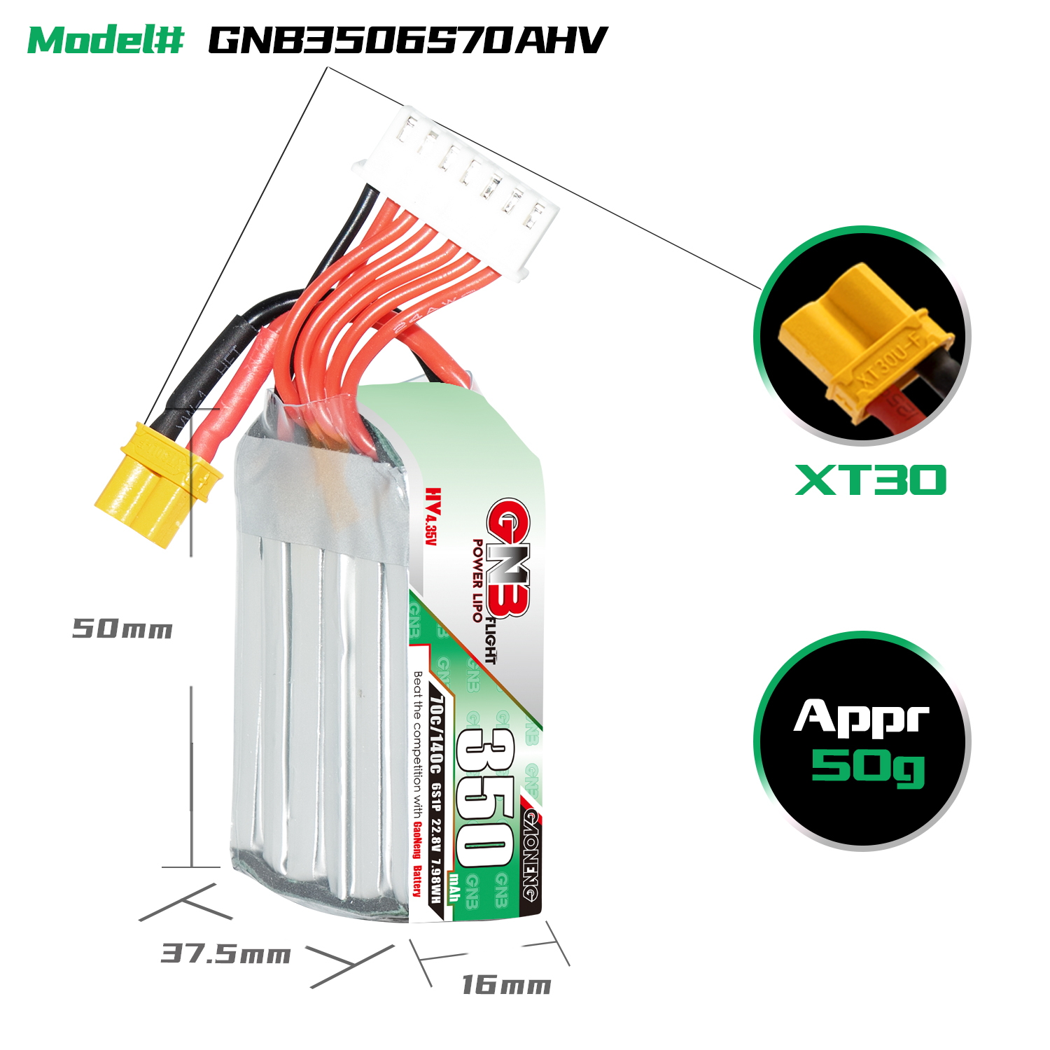 GAONENG GNB LiHV 6S 22.8V 350mAh 70C XT30 LiPo Battery
