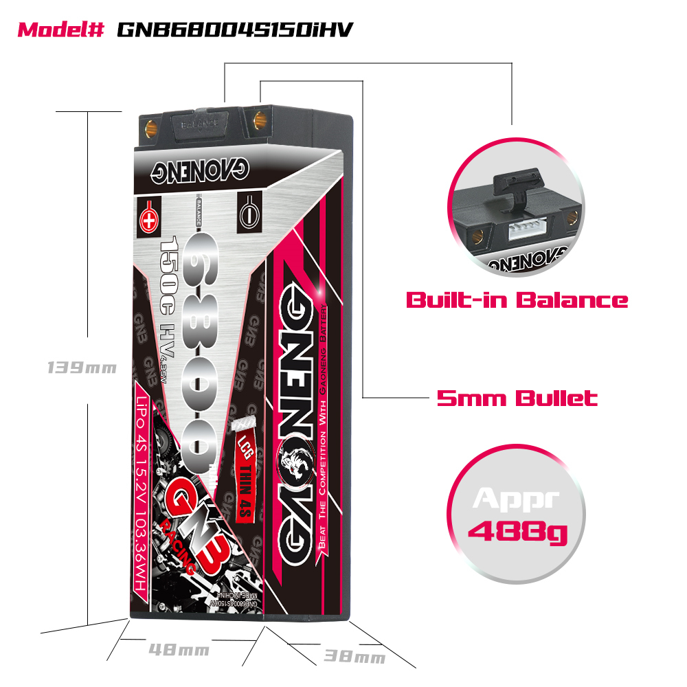 GAONENG GNB LiHV 4S 15.2V 6800mAh 150C 5mm Bullet LCG Thin 4S Hard Case LiPo Battery