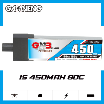 GAONENG GNB 1S 3.7V 450mAh 80C GNB27 Plastic Head LiPo Battery Long Type