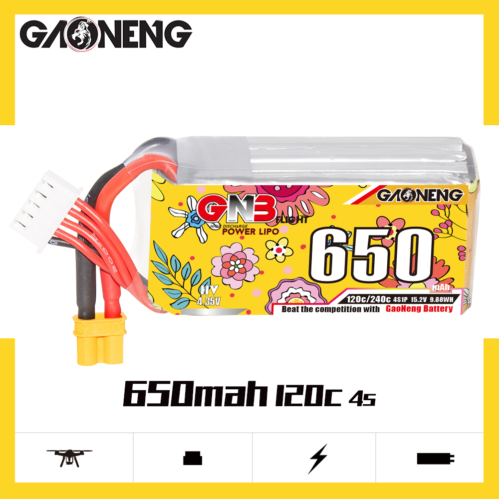 2PCS - GAONENG GNB LiHV 4S 15.2V 650mAh 120C XT30 HV LiPo Battery