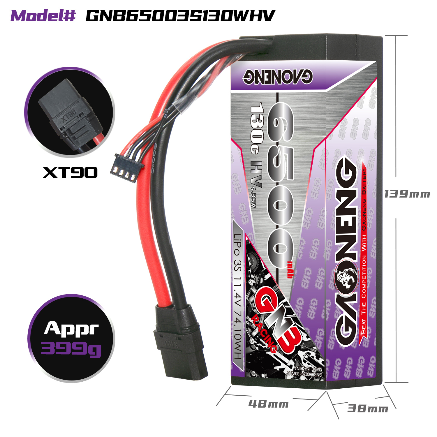 1PC - GAONENG GNB LiHV 3S 11.4V 6500mAh 130C Cabled Hard Case LiPo Battery XT90