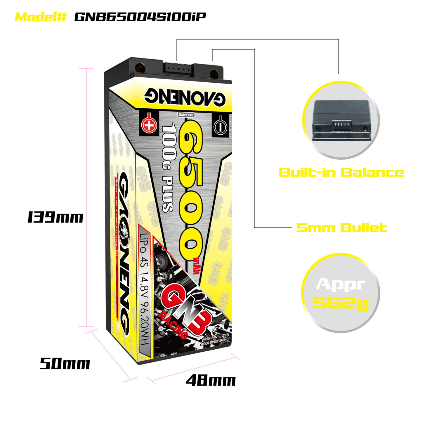 GAONENG GNB 4S 14.8V 6500mAh 100C 5mm Bullet Hard Case LiPo Battery