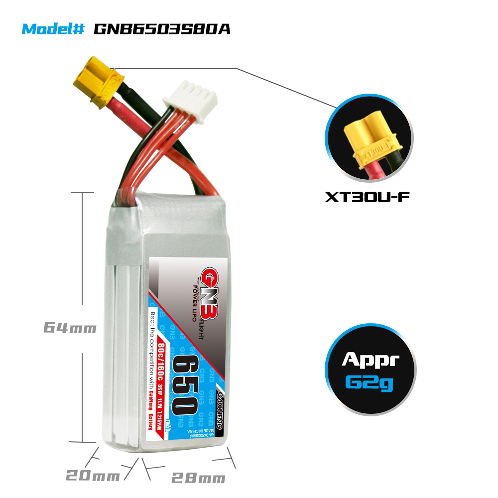 2PCS - GAONENG GNB 3S 11.1V 650mAh 80C XT30 LiPo Battery