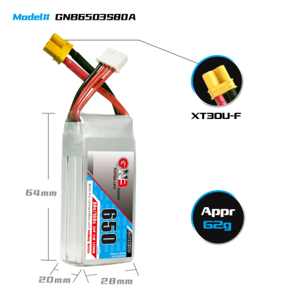 2PCS - GAONENG GNB 3S 11.1V 650mAh 80C XT30 LiPo Battery