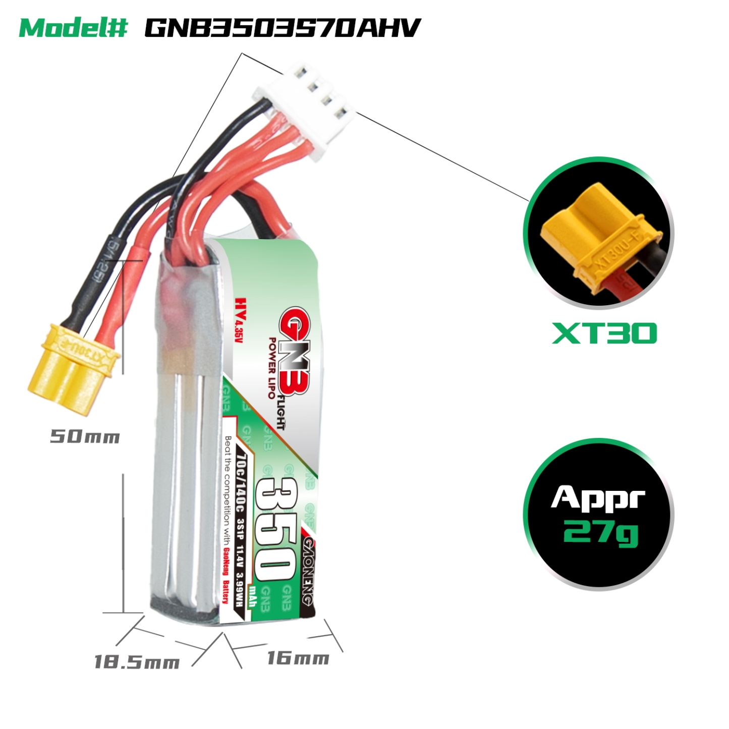 GAONENG GNB LiHV 3S 11.4V 350mAh 70C XT30 LiPo Battery