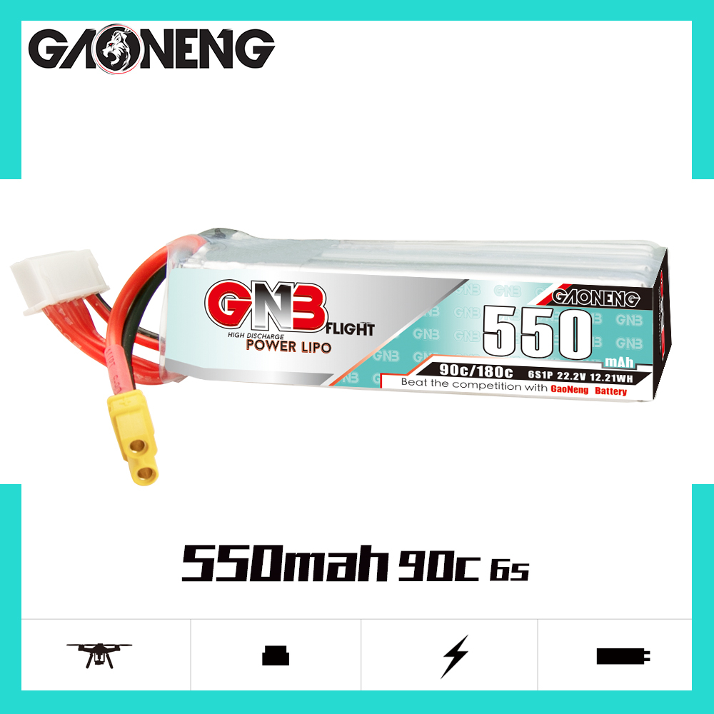 2PCS - GAONENG GNB 6S 22.2V 550mAh 90C XT30 LiPo Battery Long Type