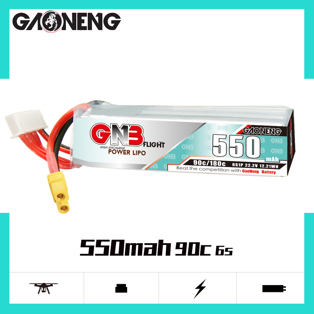 2PCS - GAONENG GNB 6S 22.2V 550mAh 90C XT30 LiPo Battery Long Type