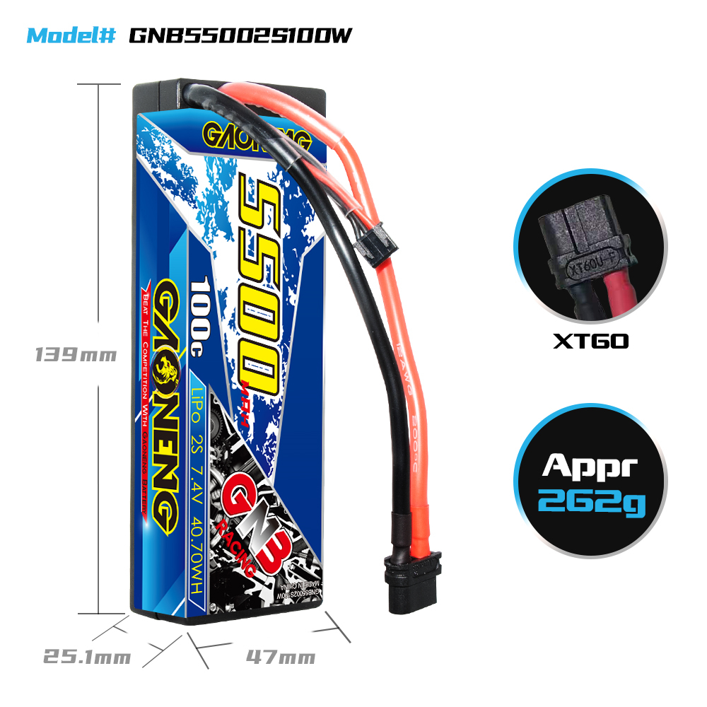 GAONENG GNB 2S 7.4V 5500mAh 100C Cabled Hard Case LiPo Battery RC Cars