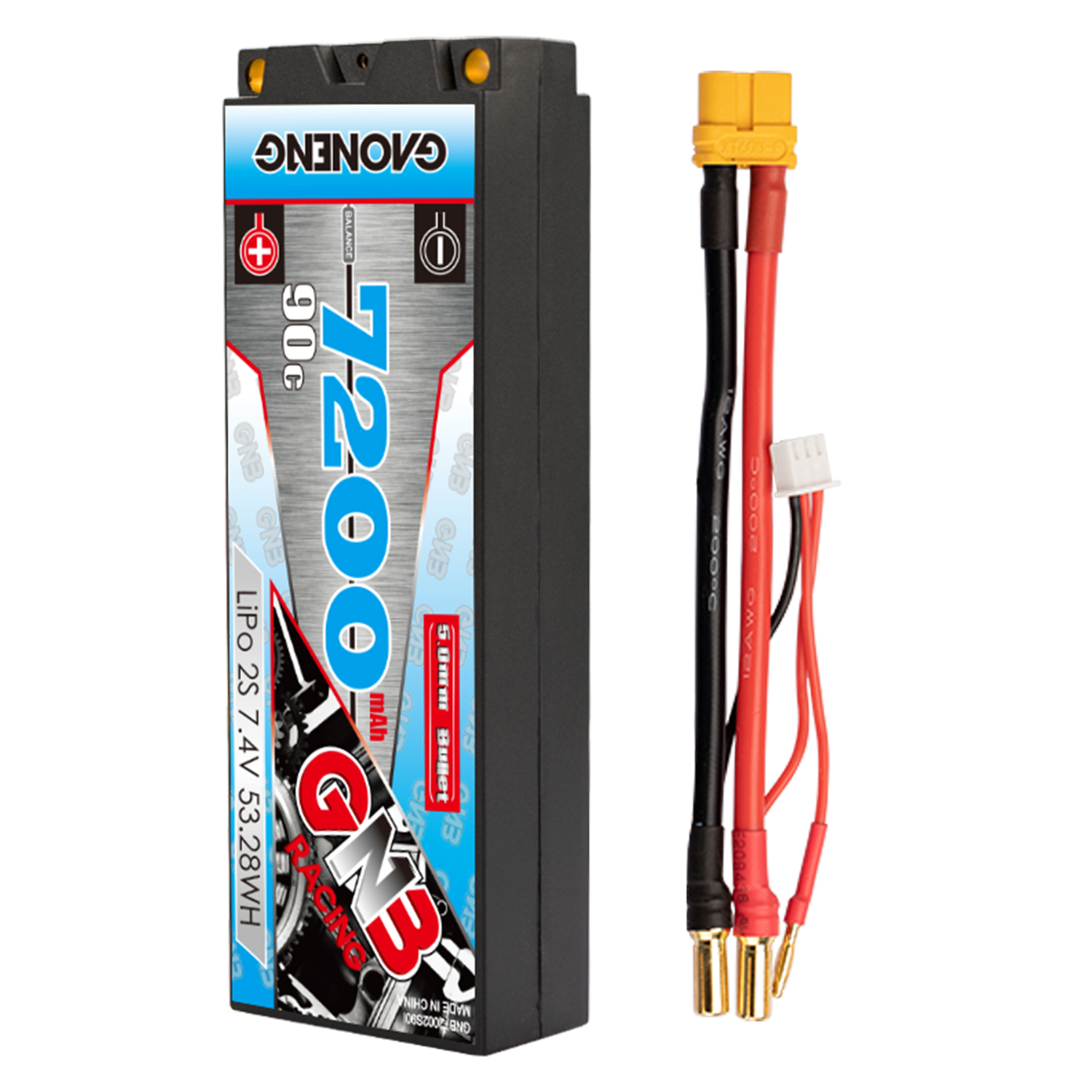 1PC - GAONENG GNB 2S 7.4V 7200mAh 90C 5mm Bullet Hard Case LiPo Battery XT60