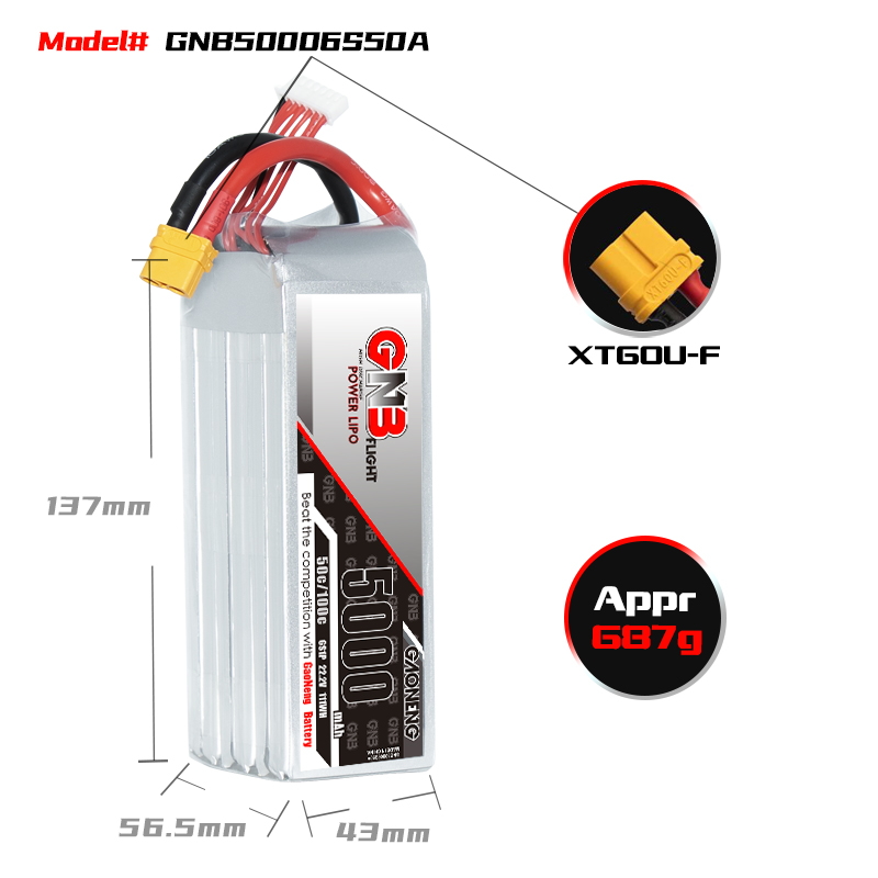 1PC - GAONENG GNB 6S 22.2V 5000mAh 50C LiPo Battery XT60