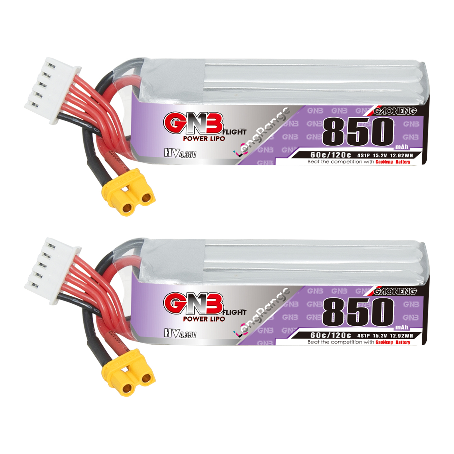 2PCS - GAONENG GNB LiHV 4S 15.2V 850mAh 60C XT30 LiPo Battery Long Type