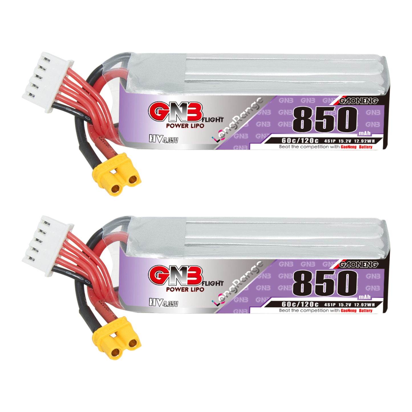 2PCS - GAONENG GNB LiHV 4S 15.2V 850mAh 60C XT30 LiPo Battery Long Type